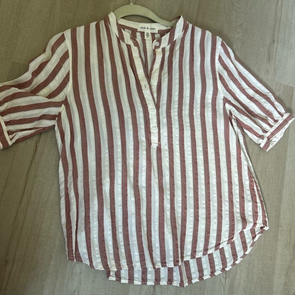Cloth and Stone Striped Short Sleeve Top in White and Brown - size small - Picture 4 of 7